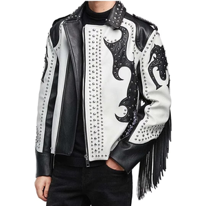 Veste Moto Homme Single Star Traders en Cuir Véritable Blanc et Noir à Motif Uni, Col Montant Respirant, Coupe Slim, Rembourrage en Coton - Product Image 2