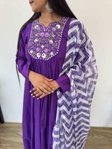 <b>women</b> purple v neck embroidered silk ethnic a line <b>kurti</b> with zigzag print scarf stylish party wear traditional outfit - Product Image 2