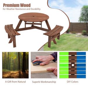 Table de pique-nique circulaire en bois pour 6 personnes avec 3 bancs intégrés pour terrasse extérieure, jardin ou parc, couleur marron - Product Image 5