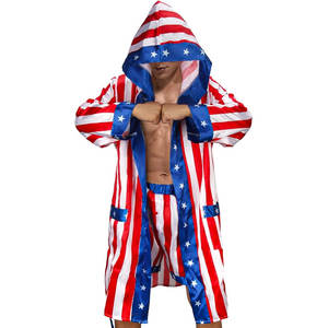 Disfraz de Boxeo para Hombre, Bata de Satén con Capucha, Pantalones Cortos, Cinturón y Capa con Diseño de Bandera Americana, Disfraz de Luchador Campeón para Halloween - Product Image 2