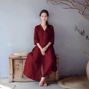 Vestido Midi Vintage de Algodón Orgánico de Alta Calidad con Mangas Campana, Cintura Alta, Corte en A, Suave y Holgado, con Bolsillos, Tallas Grandes, para Uso Diario - Product Image 1