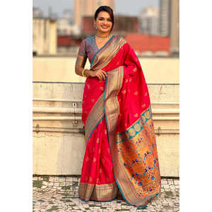 Sari en soie Paithani Yeola contrastant, tissé léger rose Zari, de la collection Elite Weaves – Vêtements indiens et pakistanais – Prêt à expédier - Product Image 4