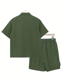 Men's Green Polo Shirt With Cargo Shorts Set Quick Dry Casual Summer Outfit Solid Color Knitted Polyester - Product Image 2