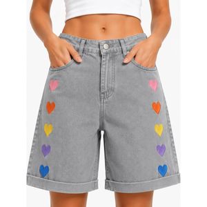 <b>Light</b> Gray <b>Rainbow</b> Heart Embroidered Women Denim Shorts High Waist Casual Loose Fit Rolled Hem Cotton Summer Fashion Jeans Short - Product Image 1