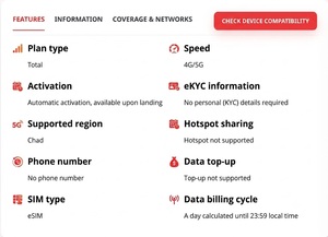 eSIM Tchad 2 Go 15 jours, 3 Go 5 Go 30 jours, Internet de voyage 4G/5G avec activation par code QR - Product Image 2