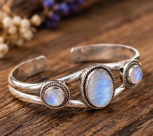 Bracelet manchette en argent avec pierre de lune arc-en-ciel, trois pierres précieuses à reflets bleus et design artisanal vintage - Product Image 3