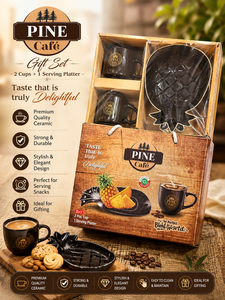 <b>Pine</b> Cafe Luxury Ceramic Gift Set with Printing 2 Cups 1 Serving Platter Black Easy Clean Luxurious <b>Box</b> for Festive Housewarming - Product Image 1