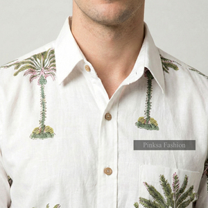 Chemise à manches courtes pour homme en coton 100% Sanganeri, imprimé à la main, écologique, séchage rapide, motif palmier tropical, été - Product Image 6