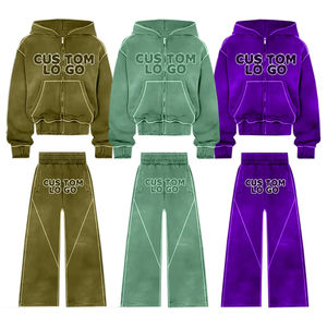 Nuevo Conjunto Deportivo Personalizado con Lavado Ácido, Talla Grande, 400gsm, Estampado, Hombros Caídos, Cierre de Cremallera y Pantalones Deportivos - Product Image 3