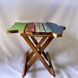 Mesa de Centro Plegable con Diseño de Tortuga, Madera de Barco Reciclada, Color Natural, Hecha a Mano, Compacta, para Interiores y Exteriores, Exportación - Product Image 1