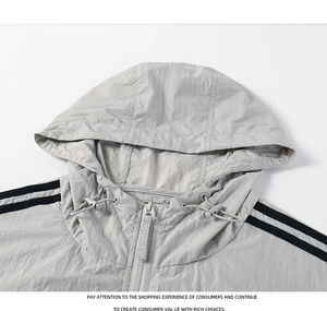 Veste coupe-vent à capuche pour homme, manches rayées, coupe classique, fermeture éclair, vêtements d'automne sportifs - Product Image 2