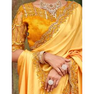 Beautiful Yellow Embroidered <b>Satin</b> Party Wear Saree With <b>Blouse</b> - Product Image 3
