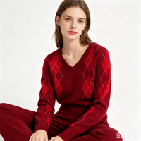 Pull en tricot à col en V pour femme, motif Argyle, manches longues, style preppy