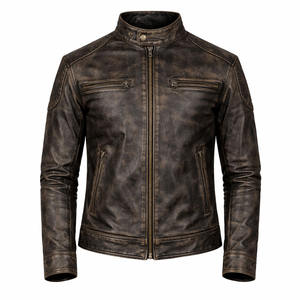 Blouson Bomber Homme Vintage en Cuir Marron Vieilli Col Mandarin Coupe Ample Fermeture Éclair Style Motard en Cuir Véritable Enduit Hiver - Product Image 1