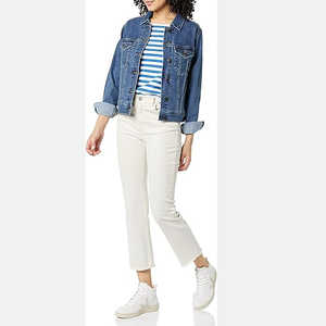 Veste en jean bleu classique pour femme, col rabattu décontracté, boutonnage frontal, couleur unie, coton délavé, coque en cuir véritable, coupe régulière - Product Image 5