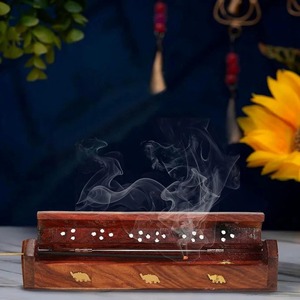 Santarms Wooden Agarbatti Stand Handmade <b>Incense</b> Holder <b>Box</b> with Brass Elephant Inlay & Ash Catcher Lid for Home Temple Office - Product Image 6