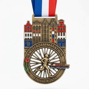 Medallas Personalizadas del Maratón de Ámsterdam, Holanda, con Cinta, Chapadas en Oro, de Zinc, Impresas con UV - Product Image 1