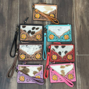 Premium Quality Tooled Genuine Leather Mini <b>Card</b> <b>Holder</b> <b>Wallet</b> Vintage Floral Design Zipper Closure Wristlet Purse for Unisex - Product Image 3