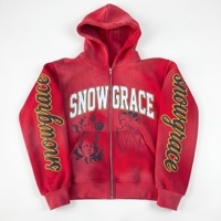 Sweat à capuche unisexe Snow Grace rouge à fermeture éclair, en polaire, coupe ample, design brodé et imprimé, 100% coton, style hip-hop, vêtements d'hiver