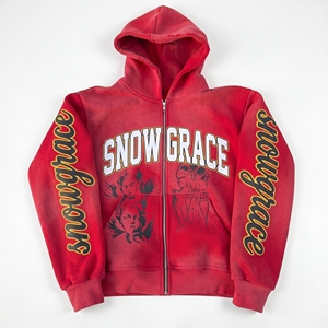 Sudadera con Capucha Roja Unisex Snow Grace, Cierre de Cremallera, Corte Holgado, Diseño Bordado e Impreso, 100% Algodón, Estilo Hip Hop, Ropa de Invierno - Product Image 1