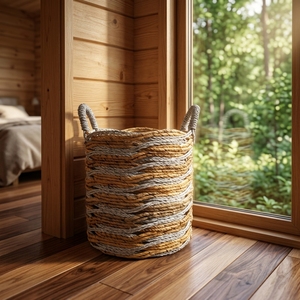 Panier de rangement en fibres naturelles, panier tressé artisanal, corbeille à linge, organisateur tressé bicolore artisanal balinais, décoration bohème pour la maison - Product Image 2