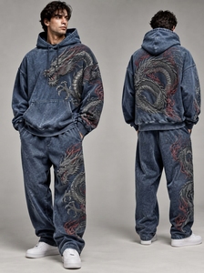 Ensemble de survêtement pour homme avec sweat à capuche graphique bleu délavé, en coton épais, style streetwear, vêtements personnalisés à marque privée - Product Image 3