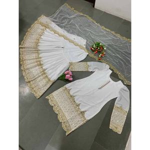 DERNIÈRE BRODERIE SEQUENCE TRAVAIL TOP PALAZZO AVEC DUPATTA BLANC - Product Image 1