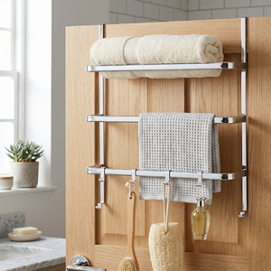 Over The Door Bathroom <b>Storage</b> Rack 3 Tier Metal Organizer With Hooks And Towel Bar Minimalist Design - Product Image 2