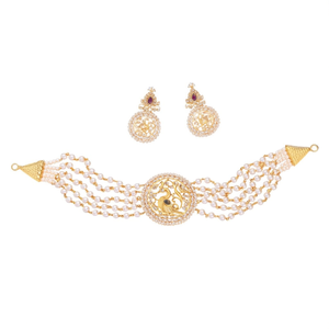 14K Gold Plated Five Layer Pearl Peacock Choker Necklace - Product Image 2