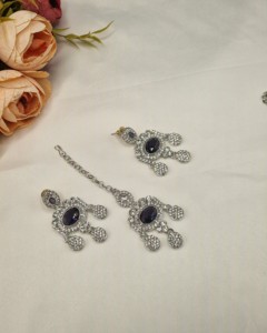 Designer Rhodium Plated Oval Cut CZ Stone <b>Necklace</b> <b>Set</b> With <b>Earrings</b> & Mangtika For Women Ethnic Fashion Jewellery <b>Set</b> Wholesale - Product Image 3