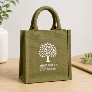 กระเป๋าผ้าปอกระเจือกแบบรักษ์โลก ขนาด 22x20x10 ซม. ลาย Think Green Live Green สำหรับใส่ของขวัญ - Product Image 1