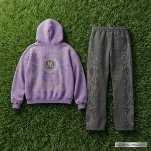 Conjunto de Sudadera con Capucha Morada Personalizada con Pedrería y Pantalones Jogger Negros de Pierna Ancha, de Algodón y Felpa, Estilo Urbano, Venta al por Mayor OEM - Product Image 5