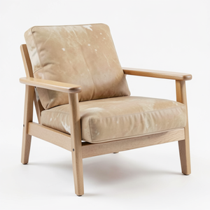 เก้าอี้หนังวัวแท้คุณภาพสูง โครงไม้ธรรมชาติ เก้าอี้พักผ่อนทันสมัยสำหรับใช้ภายในบ้าน พื้นที่นั่งเล่นกาแฟ ร้านอาหาร - Product Image 1