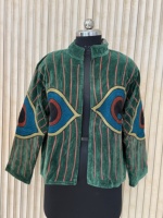 Veste matelassée en velours vert imprimé, motif floral, manches longues, col rabattu, vêtement d'extérieur unisexe, respirant, écologique, pour tous