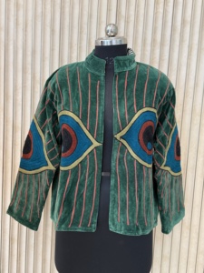 Green Velvet Embroidered Blazer With Peacock <b>Pattern</b> Full Sleeve Turn-down Collar Autumn Women's <b>Jacket</b> - Product Image 1