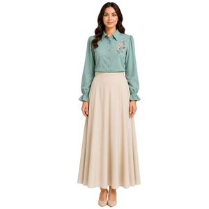 Ensemble chemisier et jupe longue brodés vert menthe et beige pour femme, manches longues, boutonnage, taille haute, tenue modeste deux pièces - Product Image 1