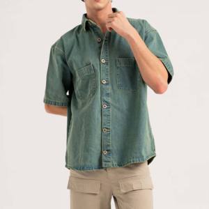 Camisa de Mezclilla de Manga Corta para Hombre, Color Sólido, Cuello Clásico, Cierre de Botones, Corte Regular, Algodón Lavado, Estilo Casual de Verano - Product Image 1