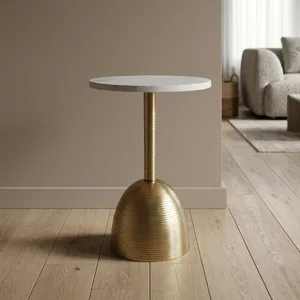 Modern <b>Round</b> White Marble Top Side <b>Table</b> with Brushed <b>Gold</b> Metal Pedestal Base Contemporary Accent Furniture for Living Room - Product Image 4