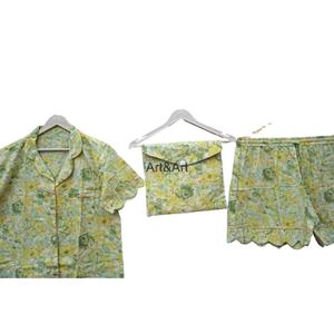 Ensemble de pyjama pour femmes fait à la main, 100% coton, écologique, respirant, confortable, vêtements de nuit, vêtements de nuit, dentelle, bouton, sexy, indien, numérique - Product Image 4