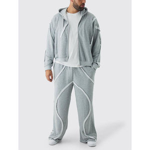 Cotton French Terry Gray Wide Leg Plus Oversized Boxy <b>Zip</b> Panel Embroidery <b>Jogger</b> Man Tracksuit - Product Image 4