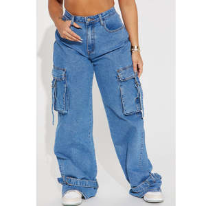 Jeans de Mujer al por Mayor para Otoño, Azul Lavado, Corte Acampanado, con Logotipo Personalizado, Cintura Alta, Botones Elásticos, Pantalones de Mezclilla - Product Image 3