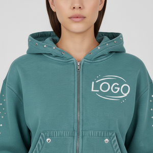 Conjunto de Sudadera con Capucha Corta y Pantalones Deportivos para Hombre, Estilo Streetwear, con Doble Cremallera, Lavado Ácido y Pedrería, de Peso Pesado, Marca Glory - Product Image 3