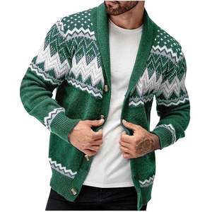 Cardigan en tricot à col châle pour homme, motif renne vert, pull décontracté d'hiver - Product Image 5