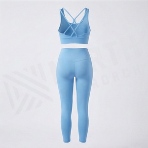 Conjunto de Yoga sin Costuras para Mujer, Color Azul Claro, Sujetador Deportivo con Espalda Cruzada, Leggings de Cintura Alta y Largo Completo - Product Image 2