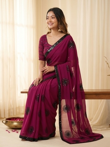 Indian Traditional Ethnic Beautiful Georgette Saree with Embroidery <b>Sequins</b> Work for Women Wedding <b>Party</b> Wear Elegant Outfit - Product Image 3