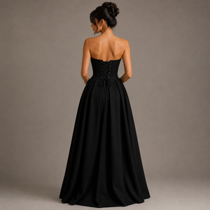 Robe de mariée de luxe noire moderne pour femme, coupe trapèze, col en V, à lacets, longueur cheville, avec poches, couleur personnalisable et sans manches - Product Image 2
