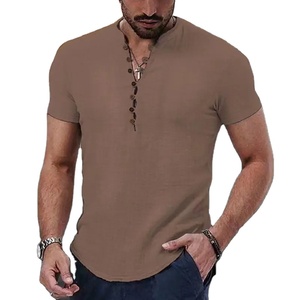 2024 Men's Cotton <b>Linen</b> V-Neck Button <b>Shirt</b> Fashion Design <b>Short</b> <b>Sleeve</b> Casual Tops Popular Clothing for Men - Product Image 4