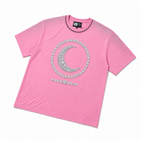 T-shirt rose oversize à manches courtes avec logo lune en strass sur le devant, style streetwear, coupe jersey pour homme