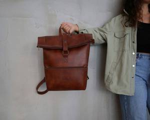 Unisex Minimalist Leather <b>Roll</b> Top <b>Backpack</b> Neutral Tones Rucksack For Couples Versatile Travel Bag LRTB-0158 - Product Image 2