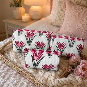 Premium Pink Tulip Print 3 Piece <b>Quilted</b> <b>Makeup</b> Pouch Set Cotton Cosmetic <b>Bags</b> for Women Travel Toiletry Organizer Zipper Gift S - Product Image 2